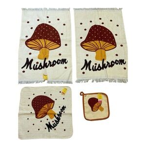 Vintage 70's Mushroom Kitchen Hand Dish Wash‎ Towel Set Hot Pad Cannon USA